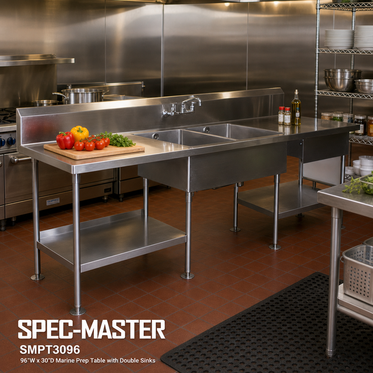 Product image #2 for Spec-Master SMPT3096 96"W x 30"D Stainless Steel Marine Prep Table with Double Sinks