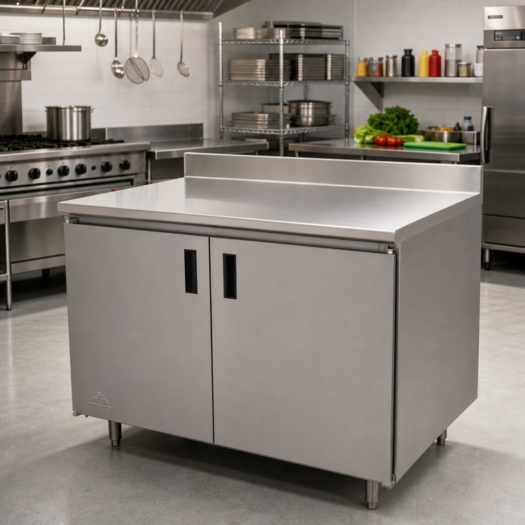 Product image #2 for Advance Tabco 84-Inch x 24-Inch Enclosed Work Table with Cabinet Base, Hinged Doors, 14-Gauge 304 Stainless Steel Top, and 5-Inch Backsplash