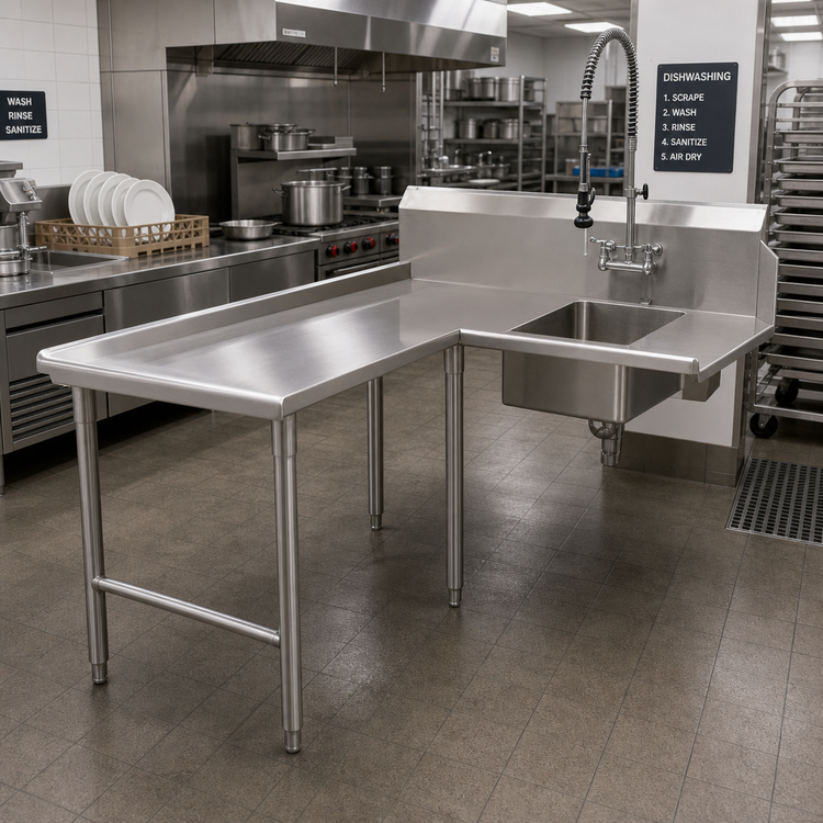 Product image #2 for Pro-Bowl L-Shaped Island Soiled Dishtable with 20" x 20" x 8" Pre-Rinse Sink Bowl
