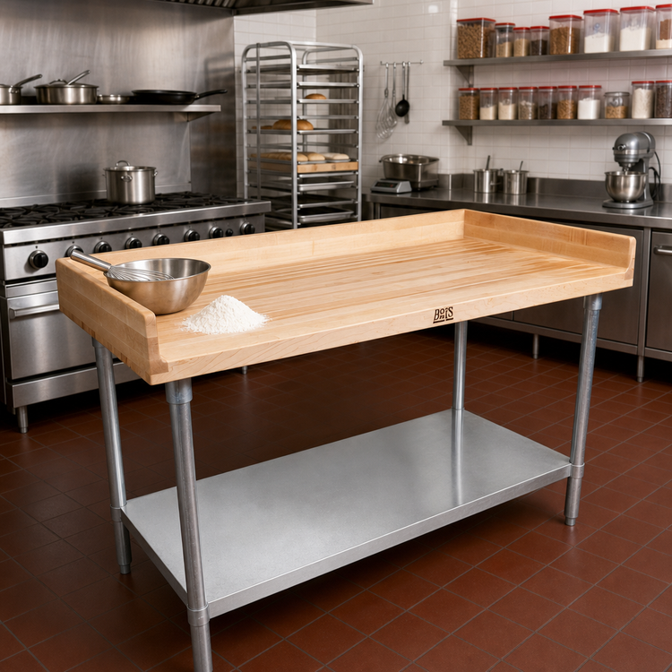 Product image #2 for John Boos DNS07 48" x 30" Baker's Top Wood Work Table with 4" Coved Riser and Galvanized Undershelf