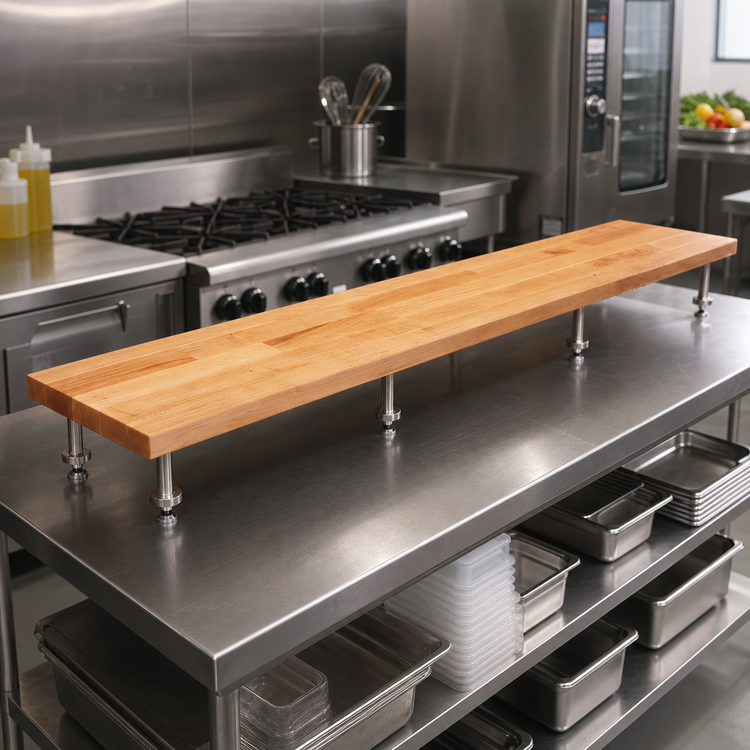 Product image #2 for John Boos 96 x 8 x 1-1/4 Inch Edge Grain Northern Hard Rock Maple Steam Table Cutting Board with Adjustable Stainless Steel Supports