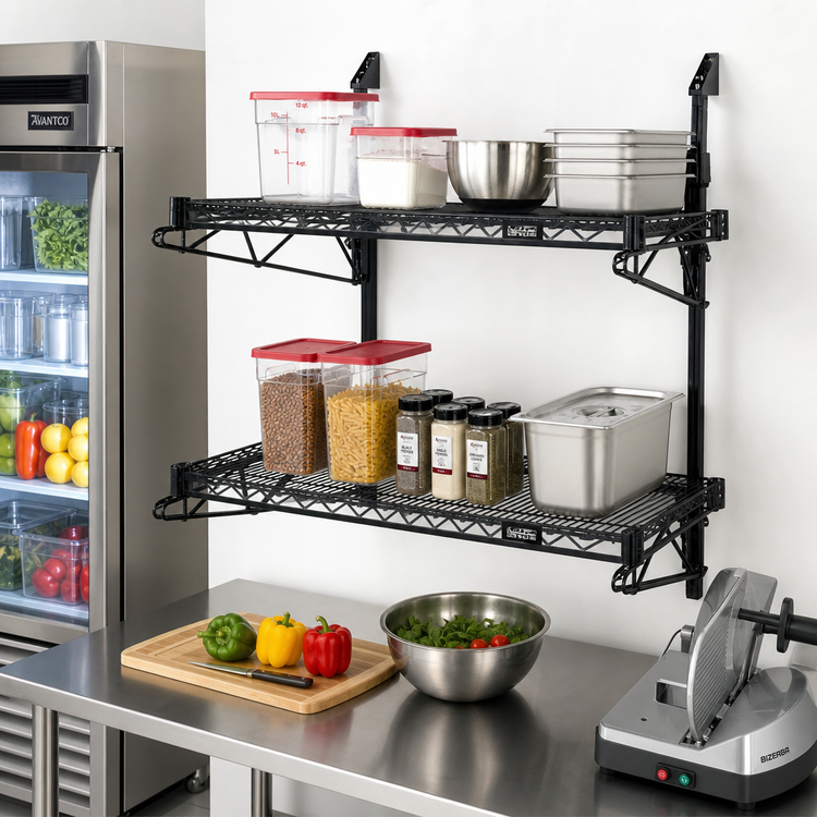 Product image #2 for Quantum Wall-Mount Cantilever Double Shelf Kit, 42 x 18 Inches, Black Epoxy Antimicrobial Finish