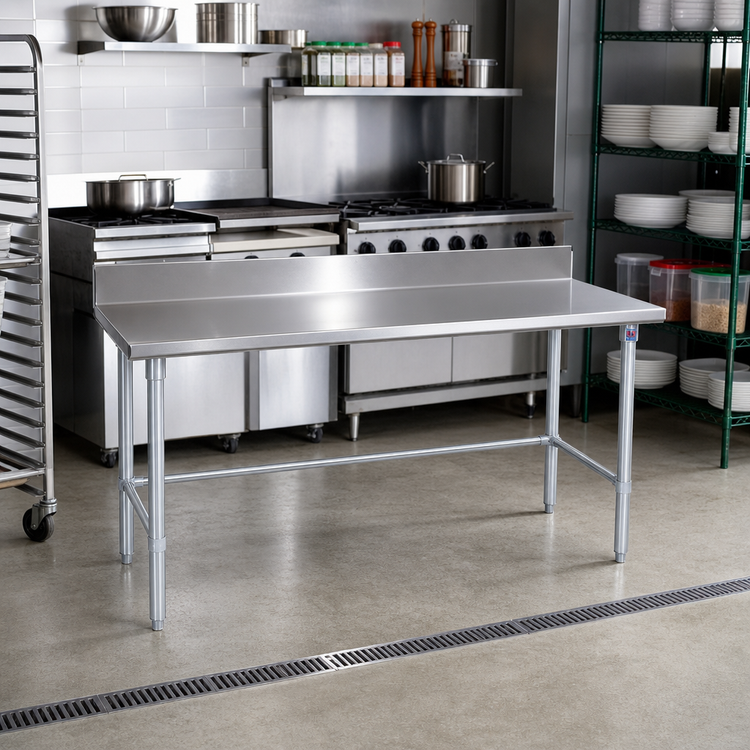 Product image #2 for John Boos Stallion 108-Inch x 24-Inch 16-Gauge Stainless Steel Work Table with 5-Inch Backsplash and Open Galvanized Base