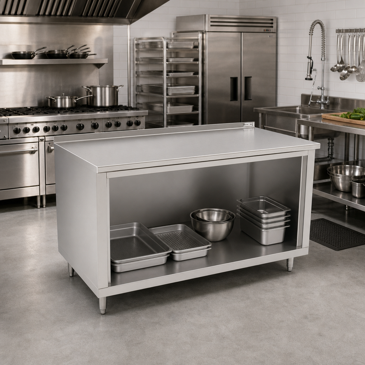 Product image #2 for John Boos Open Front Cabinet Base Work Table, 84 x 30 Inches, 16-Gauge Stainless Steel Top with 1-1/2-Inch Rear Riser