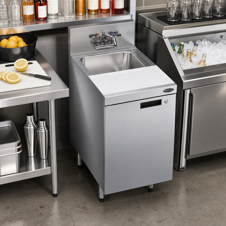 Product image #2 for Krowne Royal Series 18-Inch Wide Underbar Speed Station with Dump Sink, Cutting Board, Cabinet Base and Locking Hinged Door