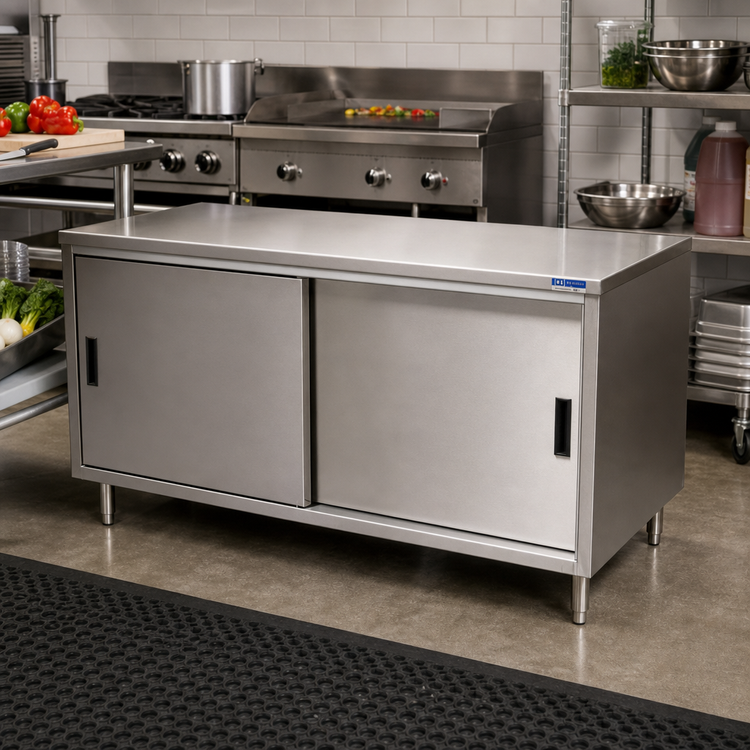 Product image #2 for BK Resources Enclosed Chef Table Cabinet Base with Sliding Doors, 60 x 24 Inches, 304 Stainless Steel Top