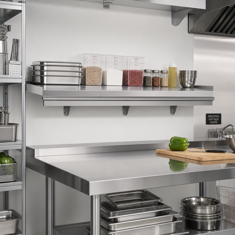 Product image #2 for Eagle Snap-n-Slide Wall-Mounted Stainless Steel Shelf, 72 in. W x 12 in. D, Rolled Front Edge