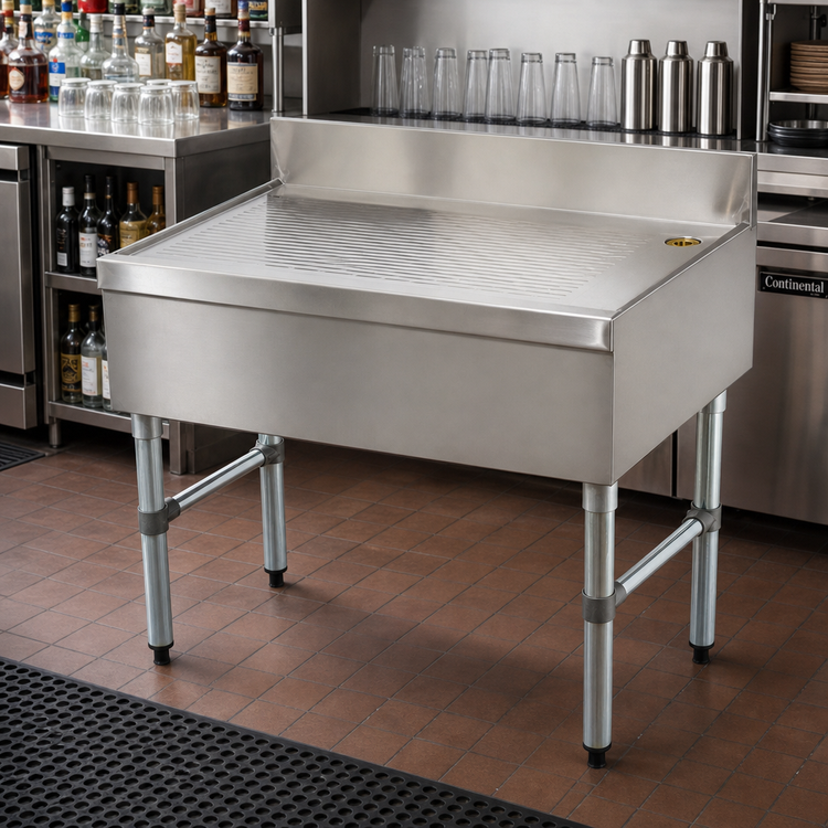 Product image #2 for Advance Tabco Underbar Basics Free-Standing Stainless Steel Underbar Drainboard, 36 x 21 Inches, with 4-Inch Backsplash