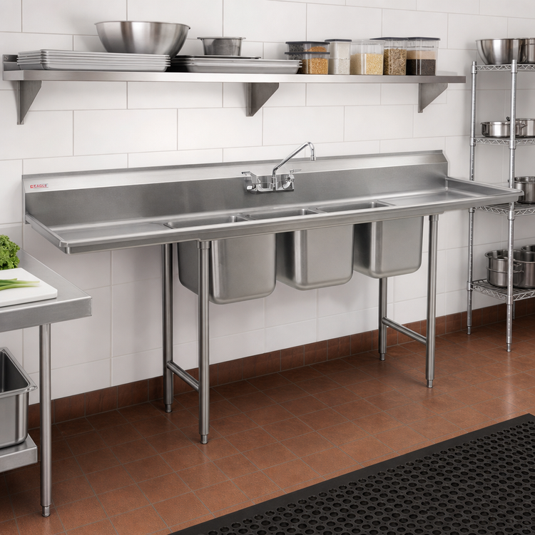 Product image #2 for Eagle Group 414 Series Coved-Corner Three-Compartment Sink with Double 24-Inch Drainboards