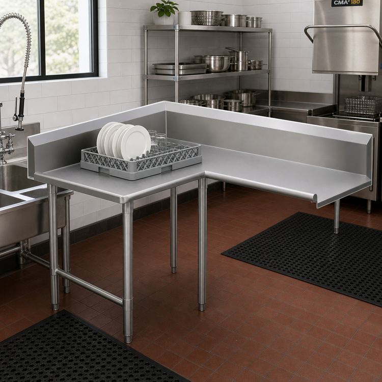 Product image #2 for John Boos Pro-Bowl L-Shaped Corner Clean Dish Table, 60" Machine to Corner x 96" Corner to End, Right-to-Left, 14-Gauge 300 Series Stainless Steel