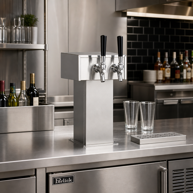 Product image #2 for Perlick 2-Faucet Extra-High Countertop Glycol-Cooled Tee Draft Beer Tower, Stainless Steel