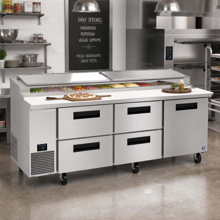 Product image #2 for Hoshizaki Steelheart PR93B-D4 93-Inch Three-Section Pizza Prep Table with 4 Drawers and 1 Door