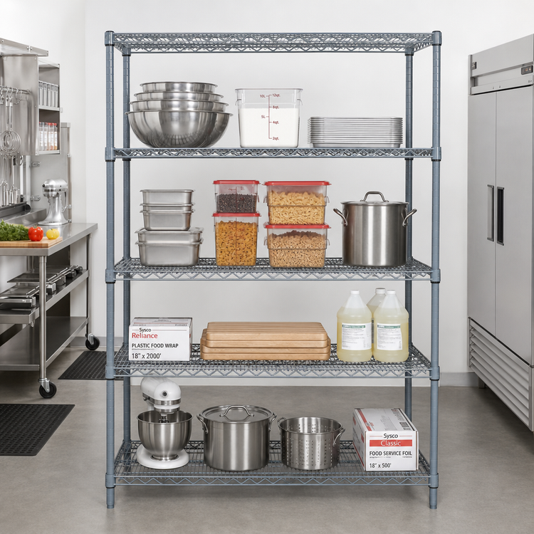 Product image #2 for Quantum 4-Shelf Stationary Wire Shelving Starter Kit, 60-Inch W x 18-Inch D x 86-Inch H, Gray Epoxy, 600-800 lb. Capacity