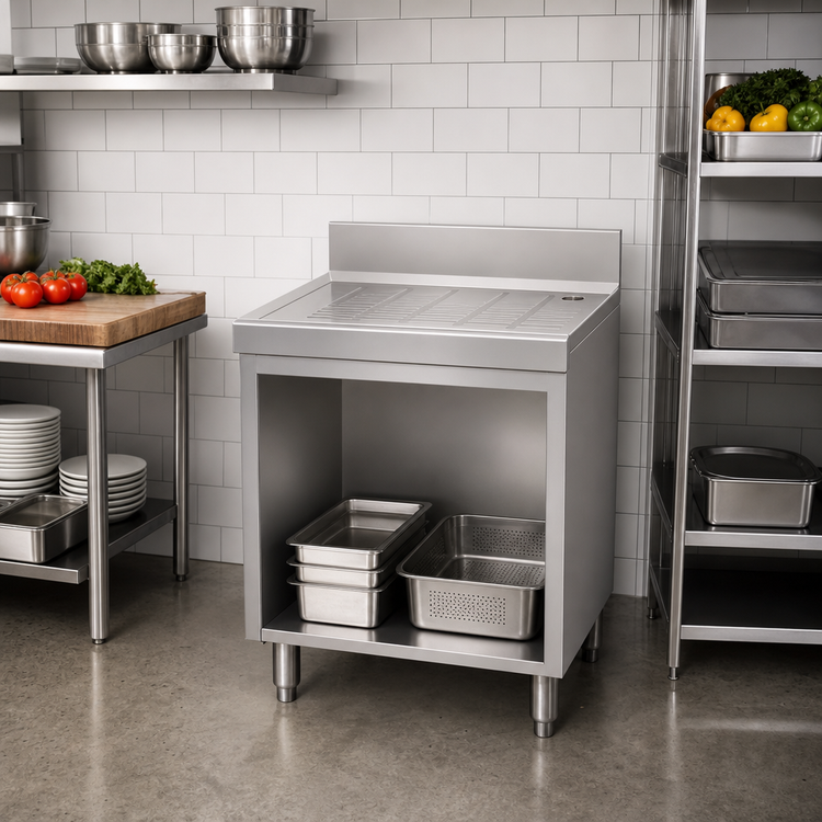 Product image #2 for Advance Tabco Underbar Basics Freestanding Stainless Steel Drainboard with Open Cabinet Base, 48W x 21D x 33H, 4-Inch Backsplash