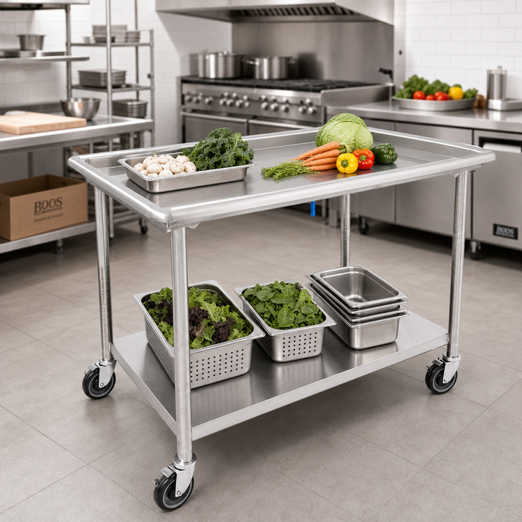 Product image #2 for John Boos 48-7/8-Inch x 30-3/8-Inch Stainless Steel Sorting Table with Raised Edge, Undershelf and Locking Casters