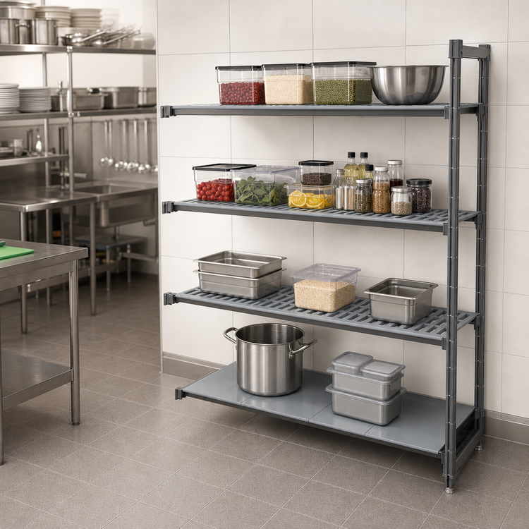 Product image #2 for Cambro Camshelving® Basics Plus 48"W x 24"D x 72"H 4-Tier Add-On Polymer Shelving Unit, 3 Vented + 1 Solid, Brushed Graphite