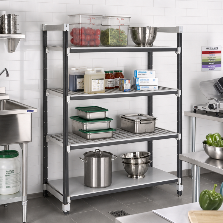 Product image #2 for Cambro Camshelving Elements XTRA 4-Shelf Stationary Starter Unit, 24" Deep x 60" Wide x 64" High, Vented and Solid Shelves