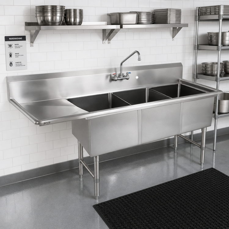 Product image #2 for John Boos B Series 3-Compartment Sink with 24-Inch Left Drainboard, 100-3/16-Inch Wide, 16-Gauge Stainless Steel
