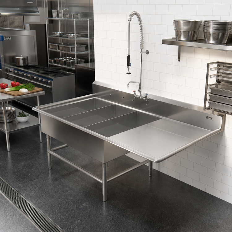 Product image #2 for John Boos Pro-Bowl 3-Compartment Platter Sink with Right Drainboard, 14-Gauge 300-Series Stainless Steel