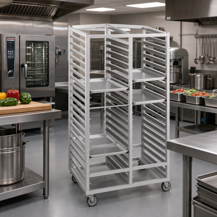 Product image #2 for Channel Manufacturing Standard Series Double Section Aluminum Cafeteria Tray Rack for 14 x 18 Trays, 6-Inch Spacing, 70-Inch High