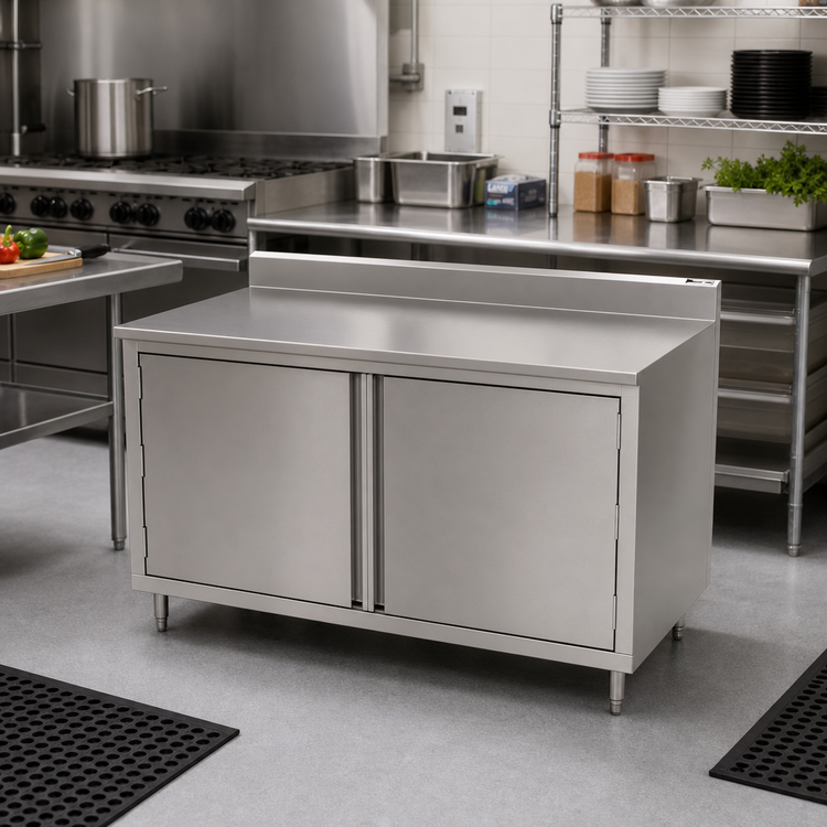 Product image #2 for John Boos Enclosed Work Table Cabinet Base with Hinged Doors, 48 x 30 Inches, 14-Gauge Stainless Steel Top, 5-Inch Backsplash