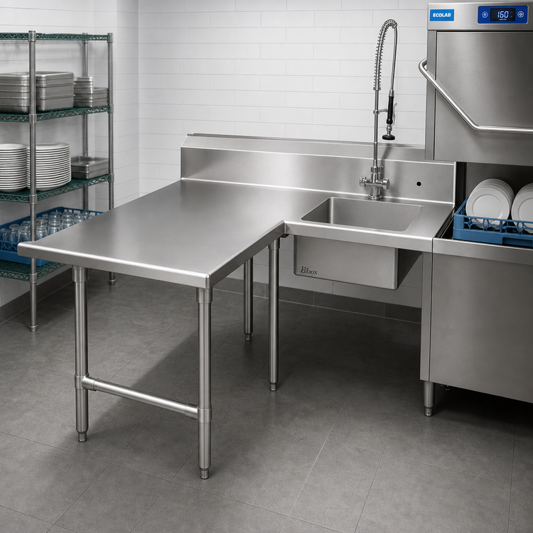 Product image #2 for John Boos Pro-Bowl L-Shaped Soiled Landing Dishtable with 10-Inch Landing Shelf, 20 x 20 x 8-Inch Sink Bowl, Left-to-Right, 70-Inch Machine-to-Corner x 48-Inch Corner-to-End