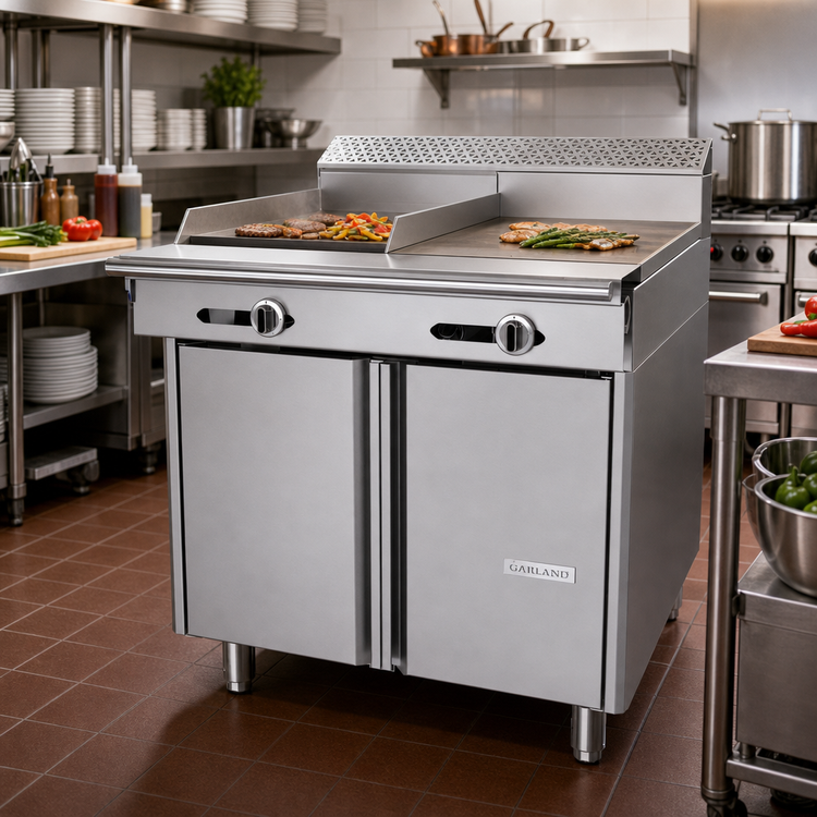 Product image #2 for Garland Cuisine Series Heavy Duty 36-Inch Gas Combination Top Range with 18-Inch Griddle, 18-Inch Hot Top, and Open Cabinet Base