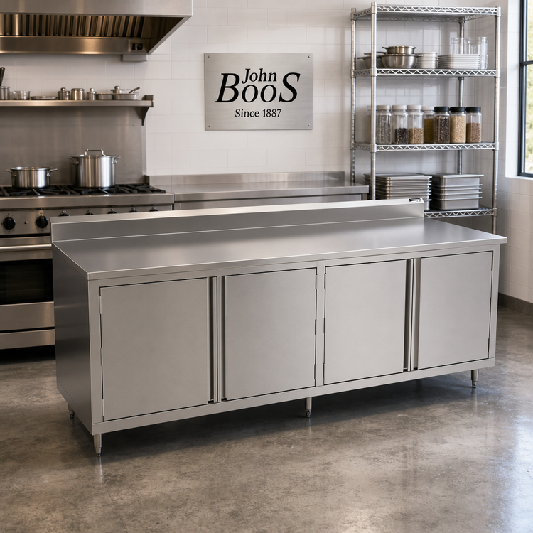 Product image #2 for John Boos Hinged-Door Enclosed Work Table, 96 x 30 Inches, 14 Gauge 300 Series Stainless Steel Top, 5 Inch Backsplash