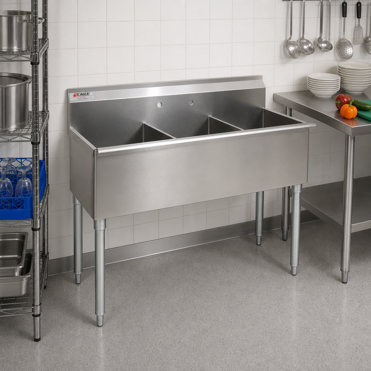 Product image #2 for Eagle Group 37-3/8 x 22 Inch Three-Compartment Utility Sink, 16-Gauge 304 Stainless Steel, No Drainboards