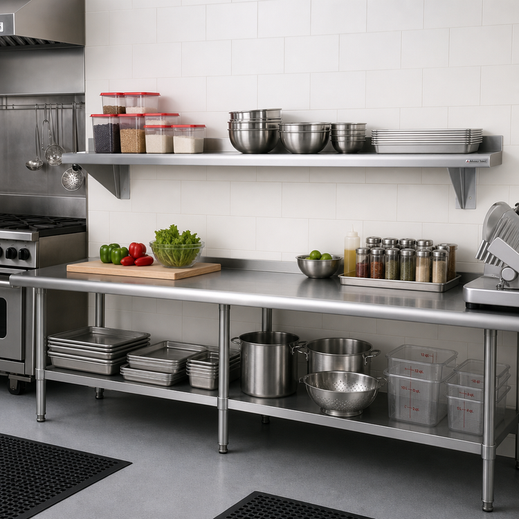 Product image #2 for Advance Tabco 132-Inch x 15-Inch Wall-Mounted Stainless Steel Wall Shelf with Bullnose Edge