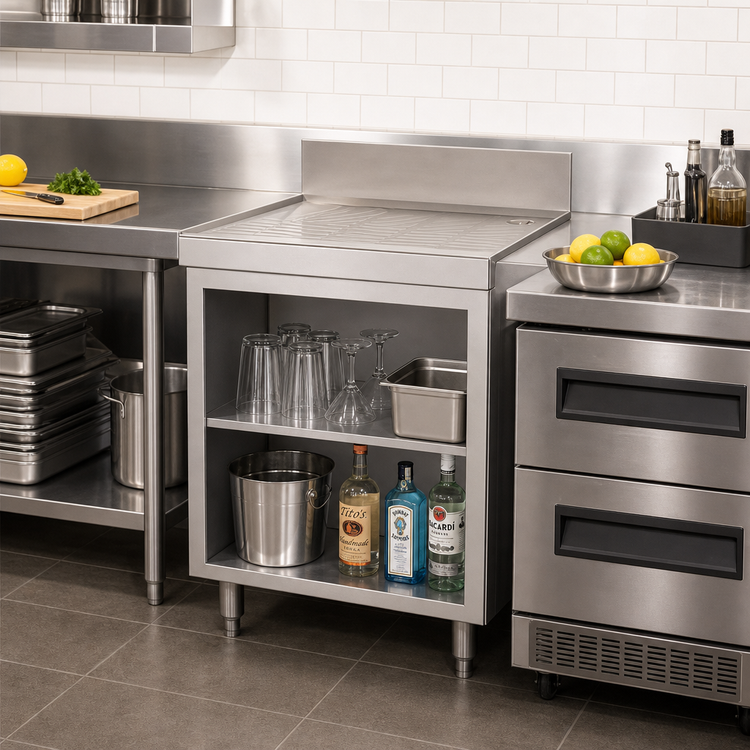 Product image #2 for Advance Tabco Underbar Basics 36-Inch Stainless Steel Drainboard with Open Cabinet Base and Mid-Shelf