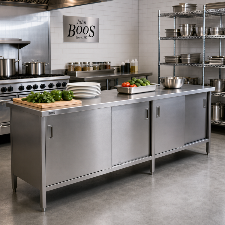 Product image #2 for John Boos Enclosed Stainless Steel Work Table with Sliding Doors and Undershelf, 144 x 24 Inch