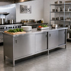 Thumbnail image #2 for John Boos EBSS6-24144 Enclosed Stainless Steel Work Table with Sliding Doors, 144 x 24 in, 16/300 Flat Top