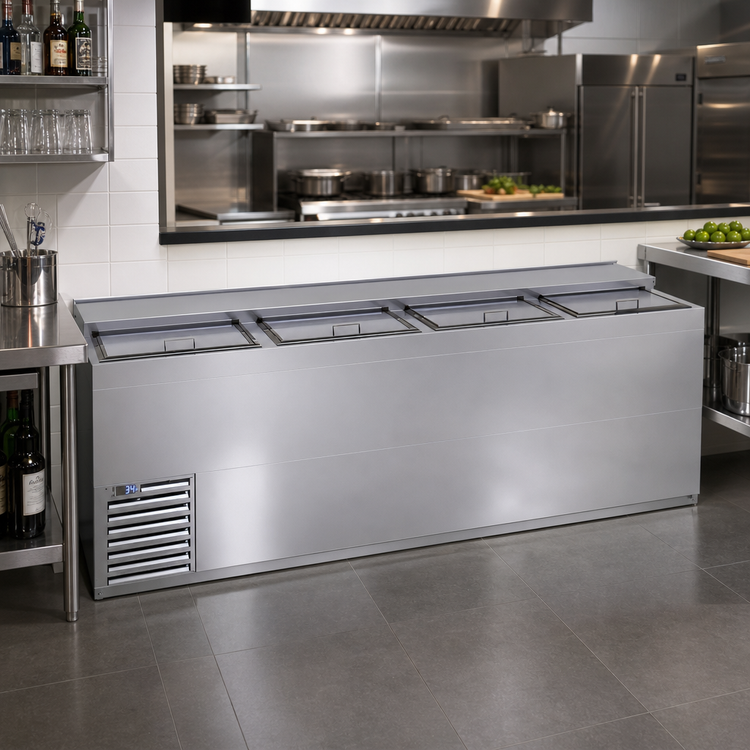 Product image #2 for Glastender 96-Inch Stainless Steel Deep-Well Flat Top Slide-Top Bottle Cooler with 4 Sliding Doors