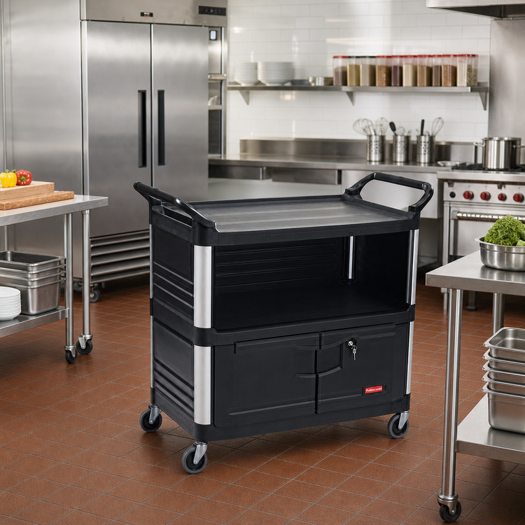 Product image #2 for Xtra 3-Shelf Enclosed Plastic Bus Cart, Black, 300 lb Capacity