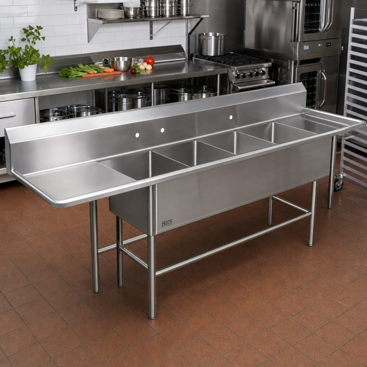 Product image #2 for John Boos Pro-Bowl 4-Compartment Stainless Steel Sink with Dual 24-Inch Drainboards, 18" x 24" x 12" Bowls