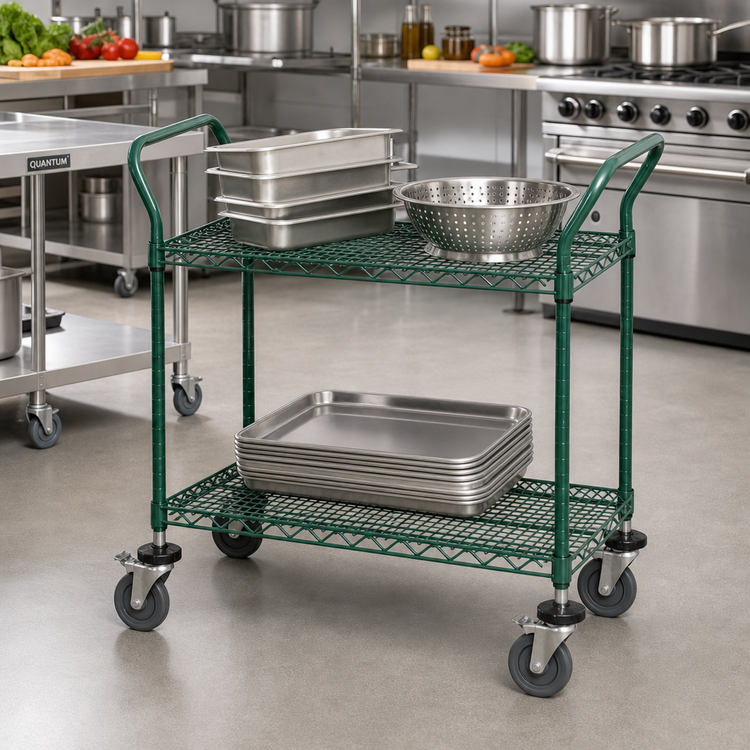 Product image #2 for Quantum 42-Inch x 18-Inch 2-Shelf Wire Utility Bus Cart, Green Epoxy Antimicrobial Finish, 1200 lb. Capacity