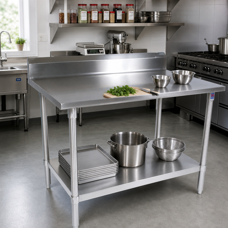 Product image #2 for John Boos Stallion 60" x 36" 14-Gauge 300 Series Stainless Steel Work Table with 5" Backsplash and Undershelf