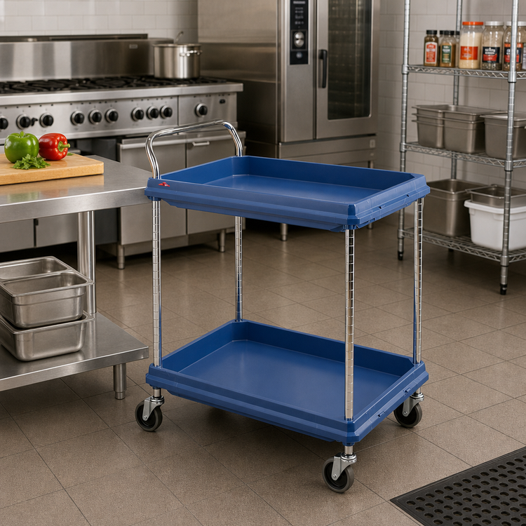 Product image #2 for Metro Deep Ledge 2-Tier Polymer Utility Bus Cart with Open Base, 38.75" x 27", Blue