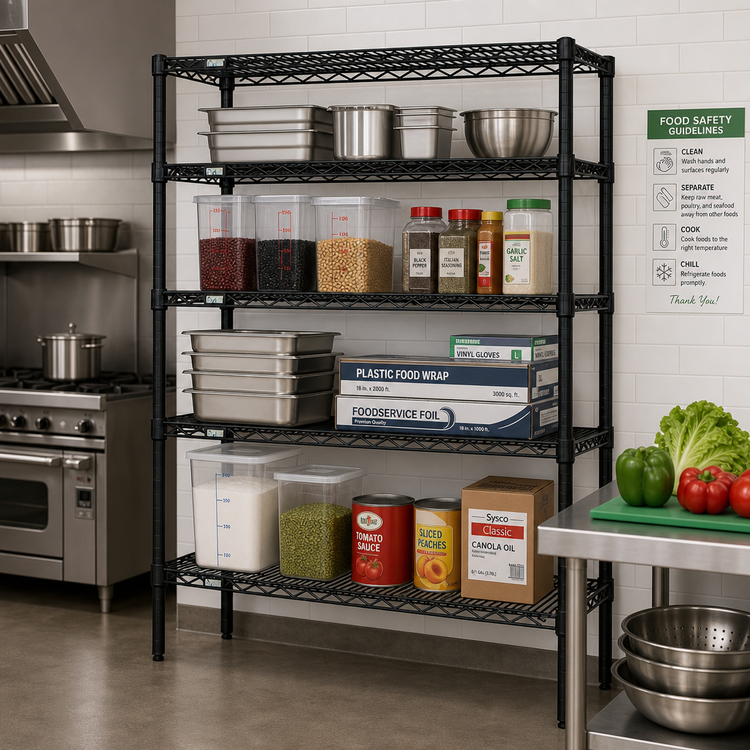Product image #2 for Quantum 4-Shelf Stationary Wire Shelving Starter Kit, 60"W x 12"D x 74"H, Black Epoxy Antimicrobial Finish