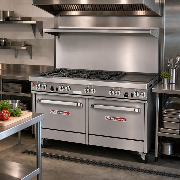Product image #2 for Southbend Ultimate 60-Inch Gas Restaurant Range with 4 Pyromax Burners, 24-Inch Griddle, Standard Oven, and Cabinet Base