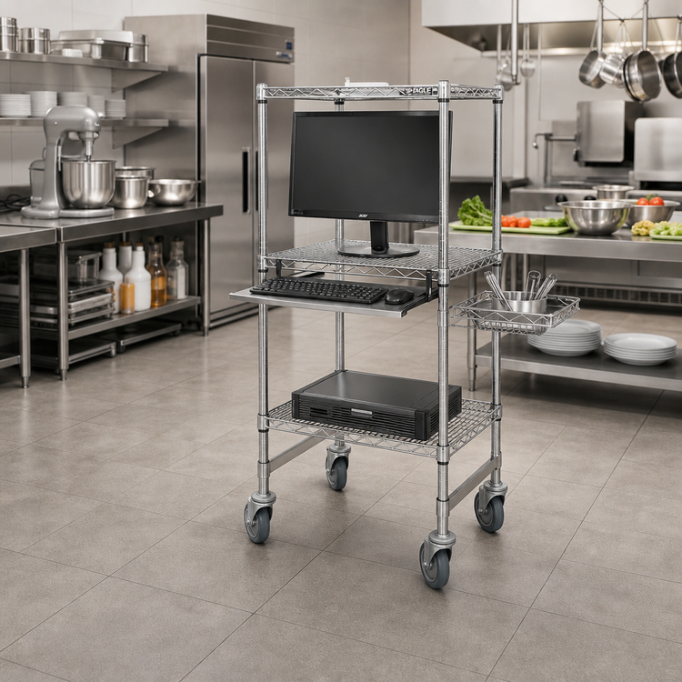 Product image #2 for Eagle Group Chrome Mobile Computer Workstation with Keyboard Drawer and Wire Shelves, 24 x 24 Inches