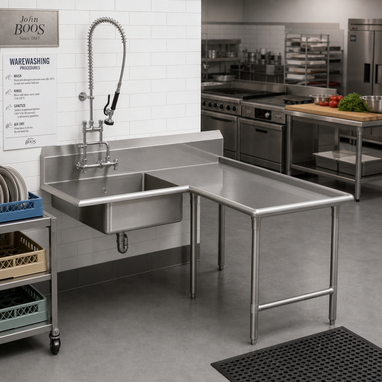 Product image #2 for John Boos Pro-Bowl L-Shaped Island Soiled Dishtable with Pre-Rinse Sink Bowl, 60" x 60", Right-to-Left Operation