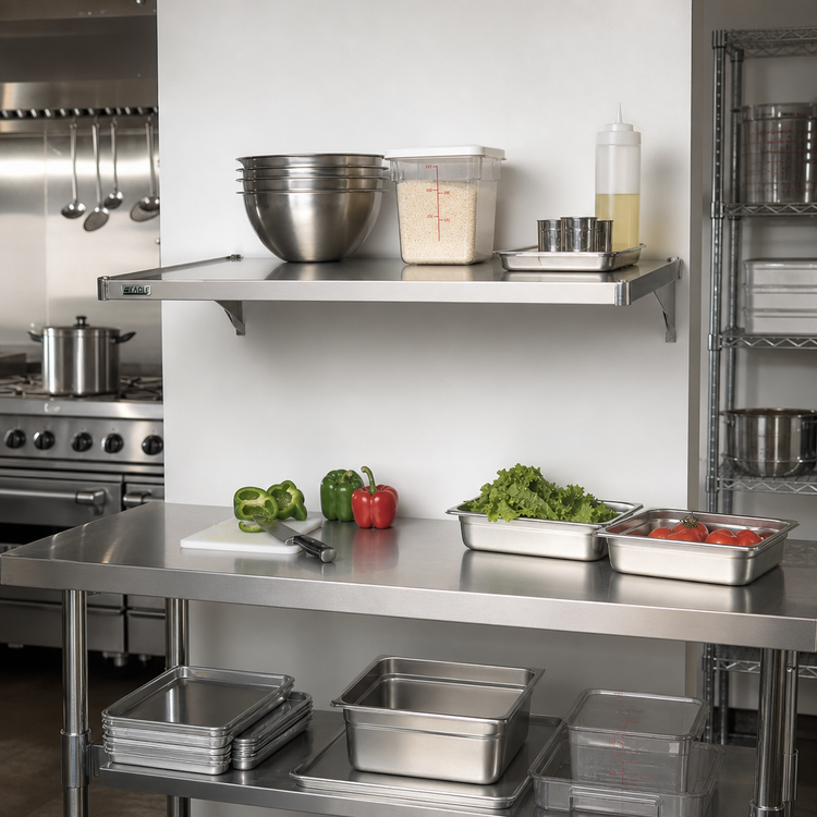 Product image #2 for Eagle Group 30 Inch W x 24 Inch D Solid Stainless Steel Shelf with Marine Edge and Split Sleeves