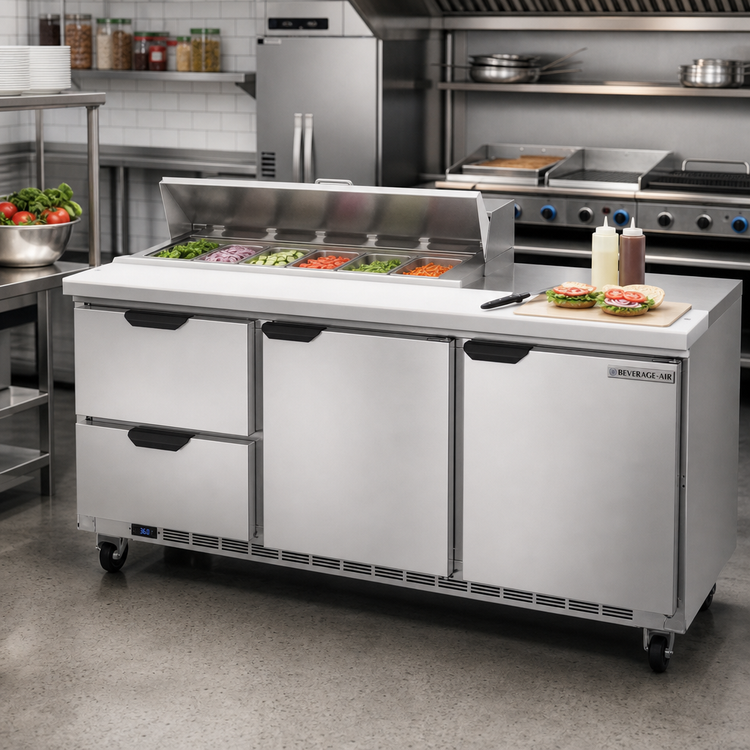Product image #3 for Beverage-Air 72-Inch Three-Section Sandwich Top Refrigerated Prep Table with 2 Doors and 4 Drawers