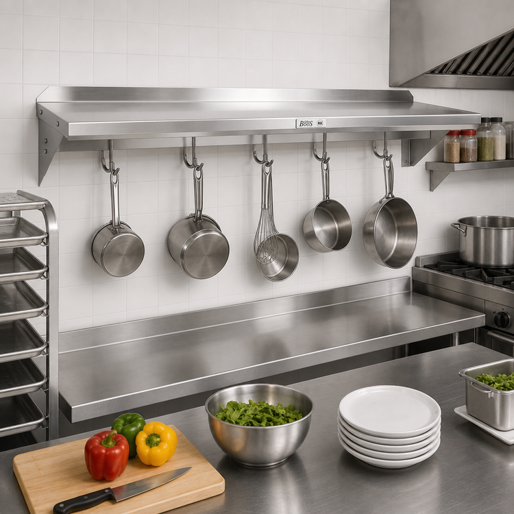 Product image #2 for John Boos Stallion 96-Inch Wall-Mount Pot Rack Shelf with 8 Hooks, 14-Gauge Stainless Steel