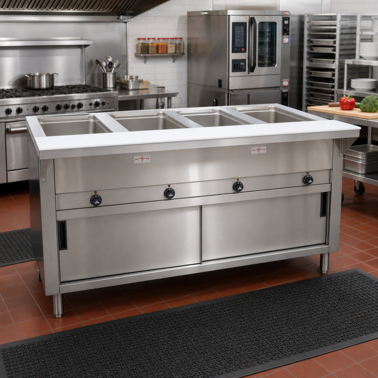 Product image #2 for Advance Tabco Triumph (Supreme) Electric Hot Food Table with 4 Sealed Wells, Cutting Board, and Sliding Door Base