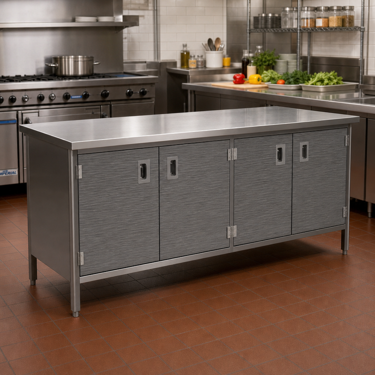 Product image #2 for 84-Inch x 30-Inch 14-Gauge 300-Series Stainless Steel Flat Top Enclosed Work Table with Cabinet Base and Hinged Doors
