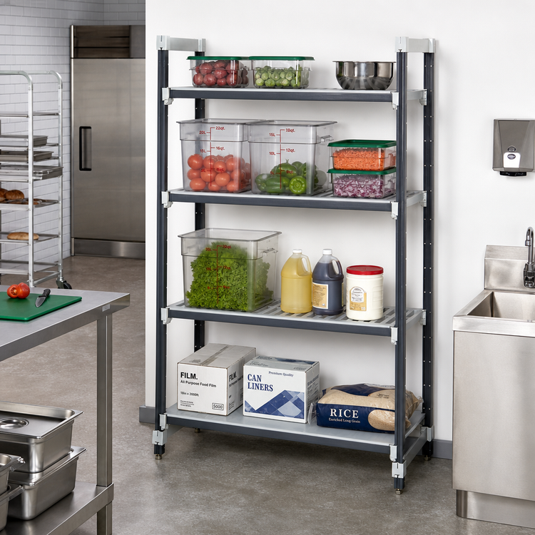 Product image #2 for Cambro Camshelving Elements XTRA Stationary Starter Polymer Shelving Unit, 24" D x 54" W x 64" H, 4-Tier, 3 Vented + 1 Solid