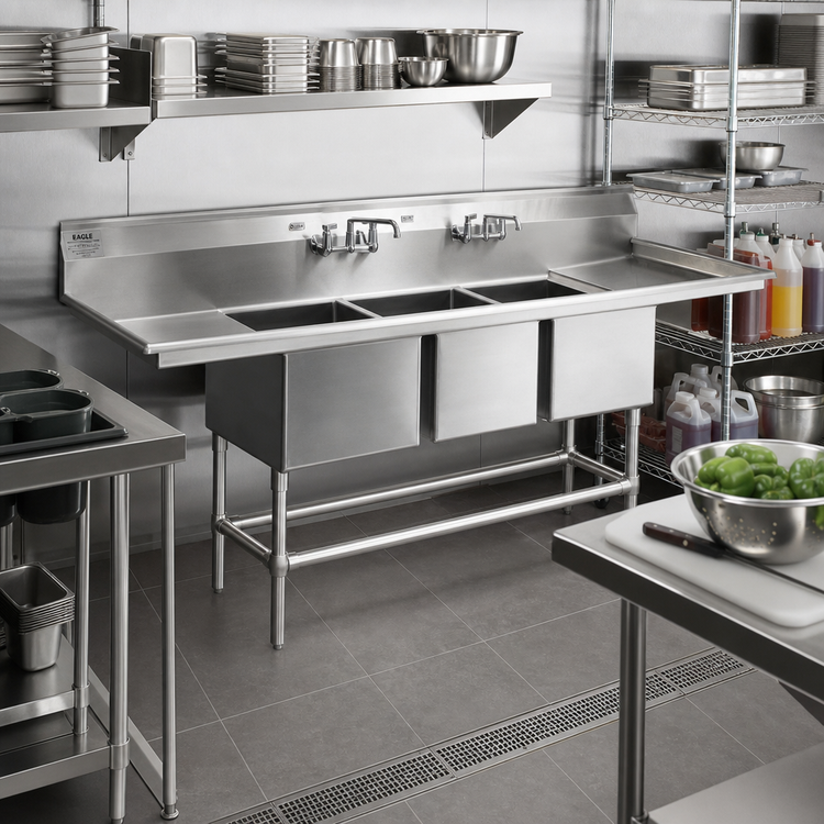 Product image #2 for Eagle Spec-Master FN Series Three-Compartment Sink with 36-Inch Right Drainboard, 14 Gauge Stainless Steel